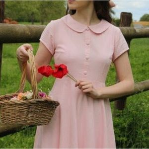 ModaMarieClaire Light Pink Linen Peter Pan Collar Midi Dress